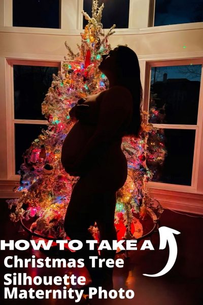 Amateur tips to capture a Christmas Tree Silhouette Maternity Photo, in your own home. #ChristmasTree #MaternityPhoto #HolidayMaternityPhotos #PregnancyPhotos #DIYMaternityPhotos