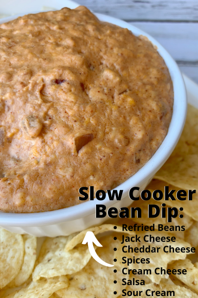 Make this EASY Slow Cooker Bean Dip for any occasion - it's a Tex Mex favorite. Just throw the ingredients into your Crock Pot, stir and cook on low. Serve it hot with chips or flour tortillas. Everyone loves it! #ChipDip #SlowCooker #SlowCookerDipRecipe #BeanDip #TexMexDip #GameDayRecipe