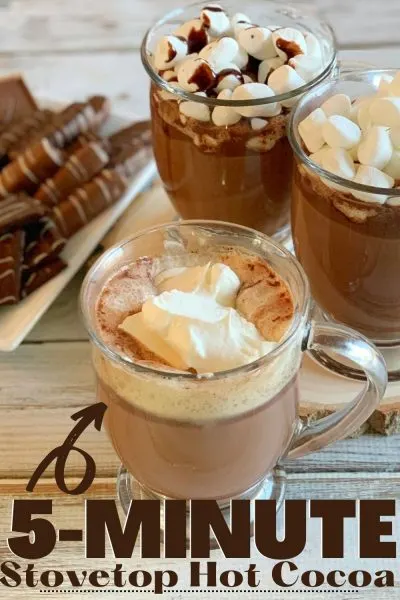 How to make classic Stovetop Hot Cocoa, the old-fashioned way, in 5 minutes! Just throw it in a pot, stir as you heat and enjoy with your favorite toppings. #HotCocoa #HotChocolate #WinterRecipe #DrinkRecipe #Drink