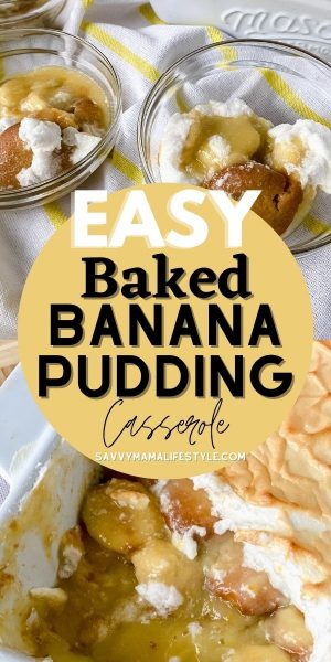 This Baked Banana Pudding Casserole is a southern potluck favorite. It's layers of cookie, pudding, and fresh bananas with a meringue topping.