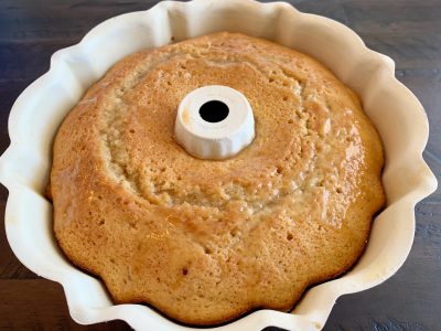 Cake out of the oven, cooling before adding glaze topping.