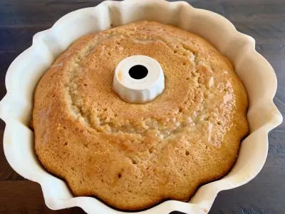 Cake out of the oven, cooling before adding glaze topping.