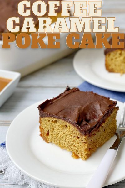 This coffee caramel poke cake tastes like your favorite barista drink! It's a moist cake, with ribbons of caramel, and topped with a chocolate coffee frosting. 