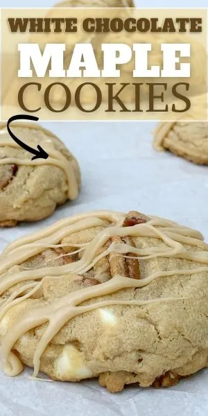 These SOFT Maple White Chocolate Chip Cookies are unbelievably good! They're topped with a maple glaze and have the best texture. Make these for fall! Light brown chewy cookies with pecans and white chocolate chip pieces, topped with a maple glaze.
