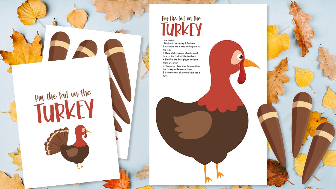 Free printable Thanksgiving family game - pin the feather on the turkey