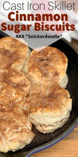 These flaky biscuits have cinnamon sugar baked into them and on top. They're made in a cast iron skillet for buttery edges. Enjoy with jams or butters. 