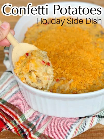 These Confetti Potatoes are the perfect holiday side dish - with creamy hash browns, green peppers, pimento and topped with crushed cheese crackers. They've got festive Christmas color!