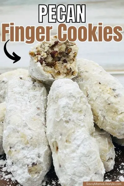 These melt-in-your-mouth pecan finger cookies are baked with cream cheese and rolled in powdered sugar when hot. These melt-in-your-mouth pecan finger cookies are baked with cream cheese and rolled in powdered sugar when hot.