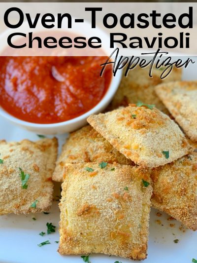 The EASIEST appetizer! This toasted ravioli is oven-baked and only takes a few minutes to prepare. Serve it with sauces to dip for a game day or cocktail hour.