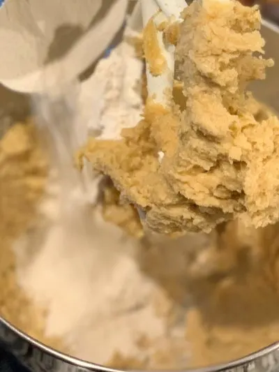 Adding flour mixture to the dough