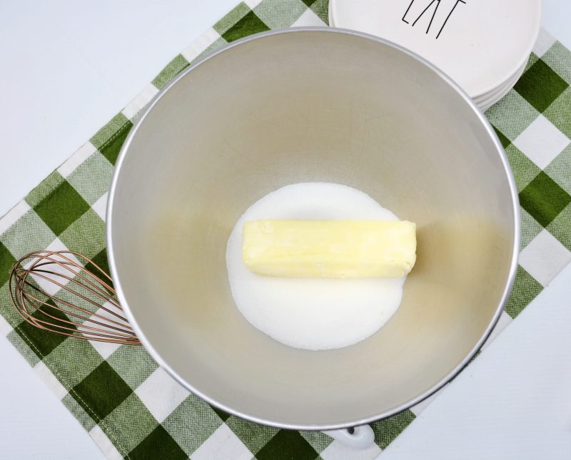 Butter and sugar in stand mixer bowl
