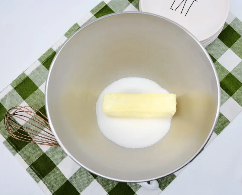 Butter and sugar in stand mixer bowl