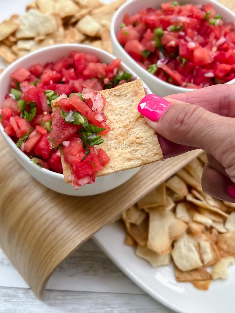 Pita chips served with watermelon salsa