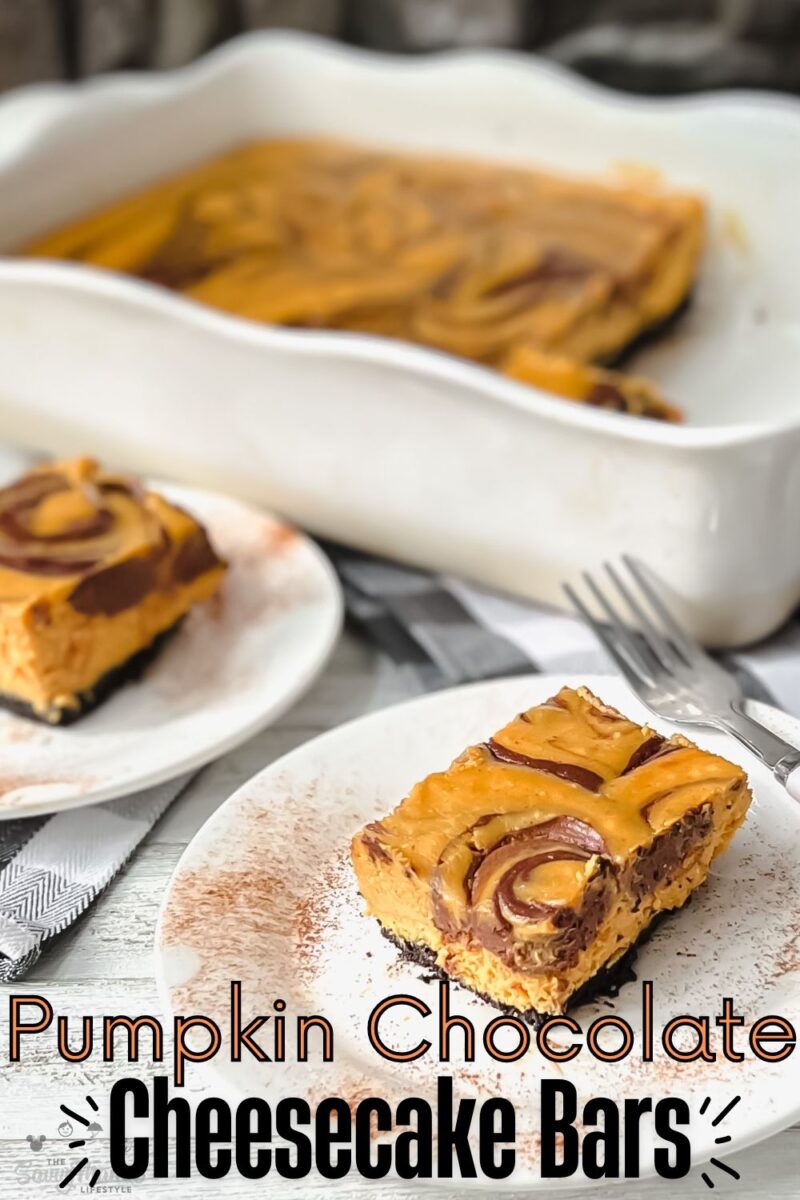 Creamy with a cookie crust, these Pumpkin Chocolate Cheesecake Bars are always a win! #pumpkin #cheesecake