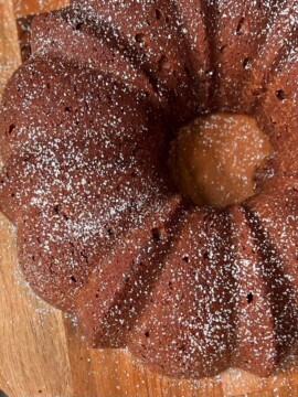 Chocolate Pound Cake on cake stand