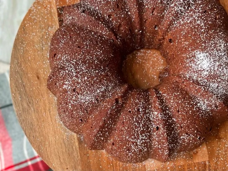 Chocolate Pound Cake on cake stand