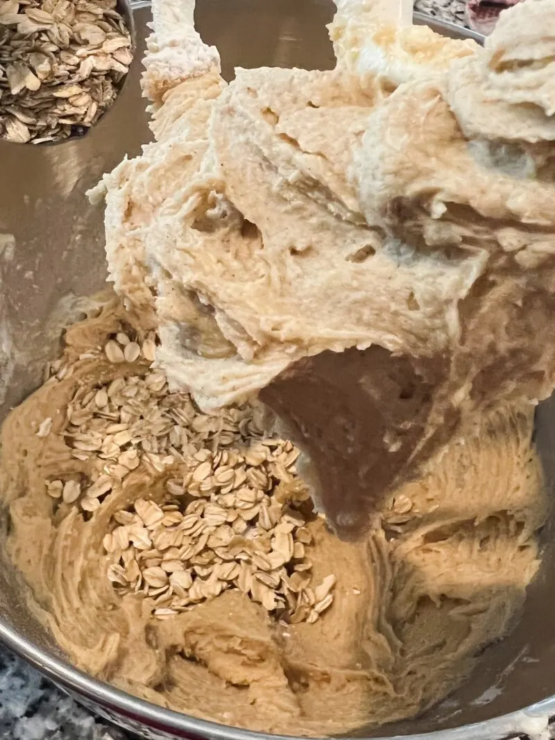 Making the batter by adding old-fashioned oats