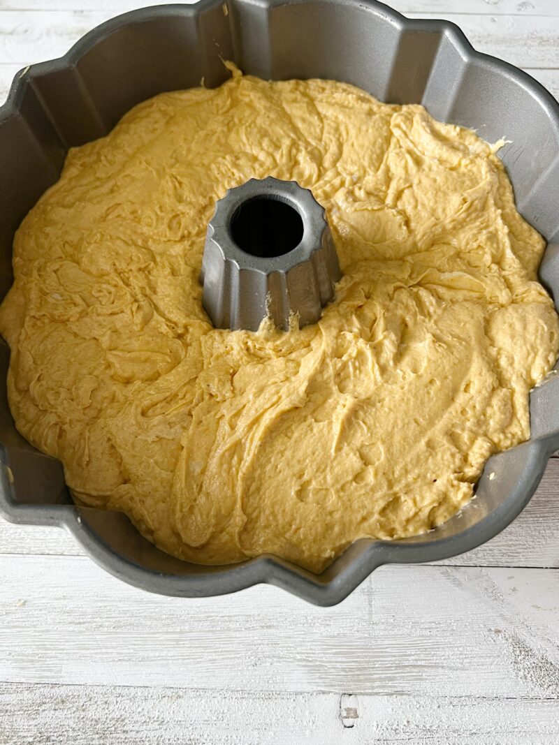 cake patter in bundt pan, ready to bake
