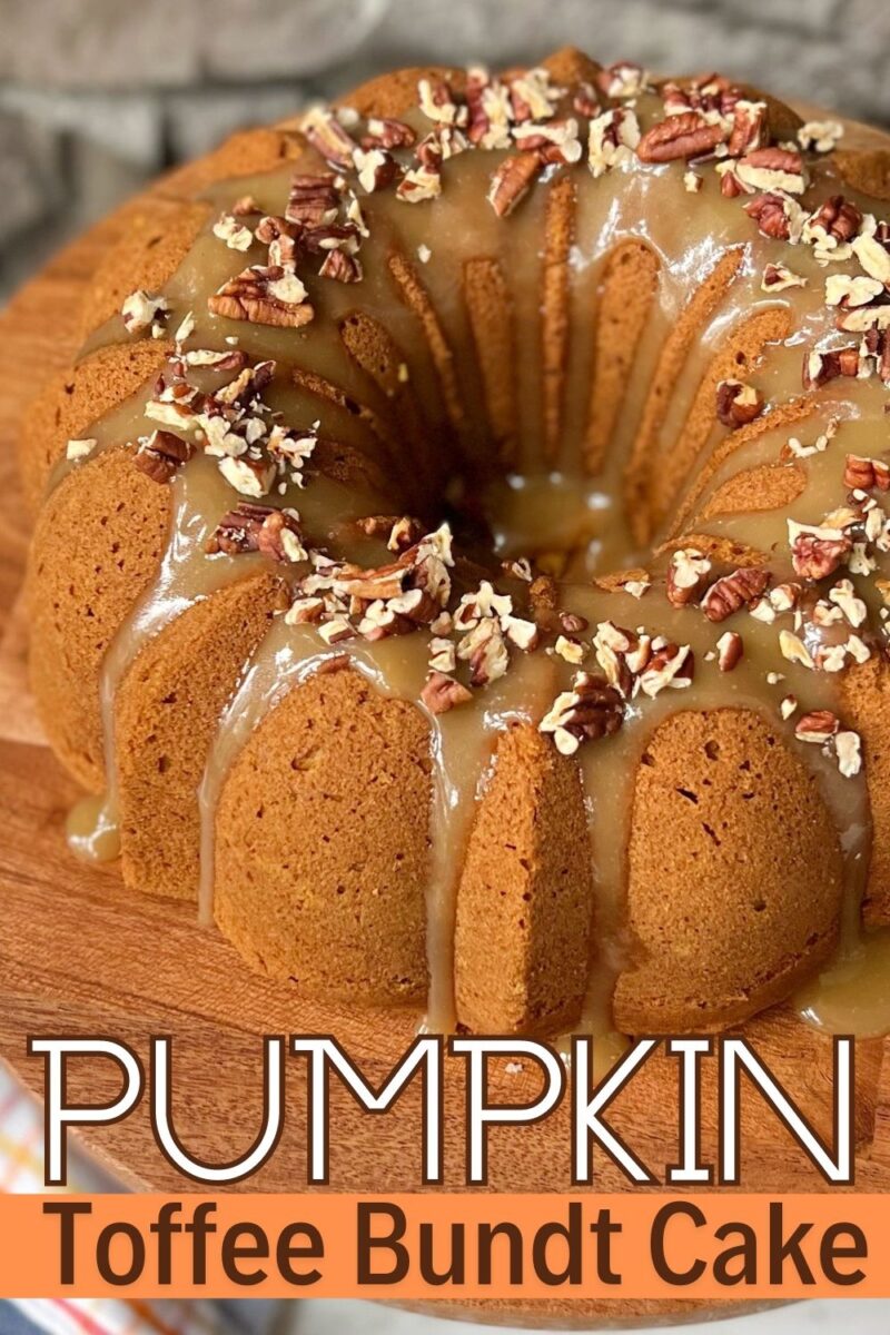 This Toffee Pumpkin Bundt Cake has a moist pumpkin cake with a rich toffee sauce and toasted pecans.