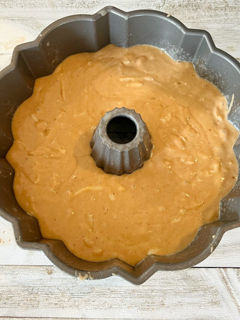 Cake batter in cake pan ready to bake