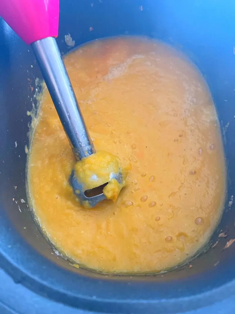 using immersion blender to mix soup 