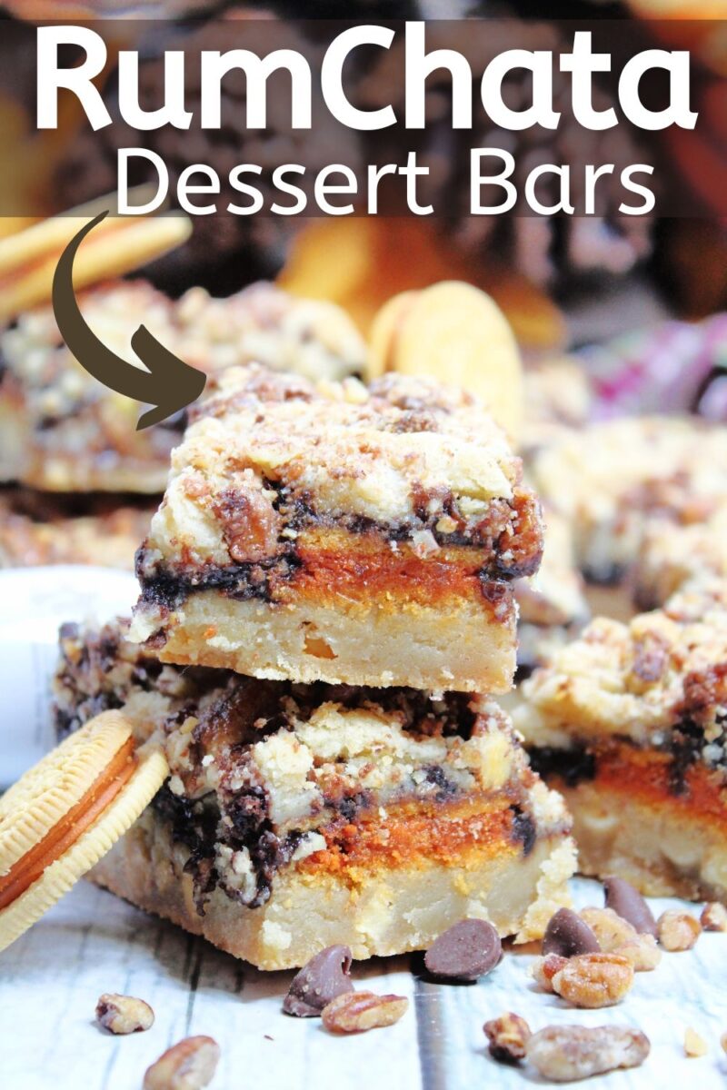 Easy RumChata Dessert Bars have layers of brownie, Golden Oreos and white chocolate chips.