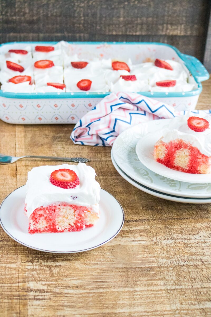 Strawberry Poke Cake in 9x13-inch baking dish