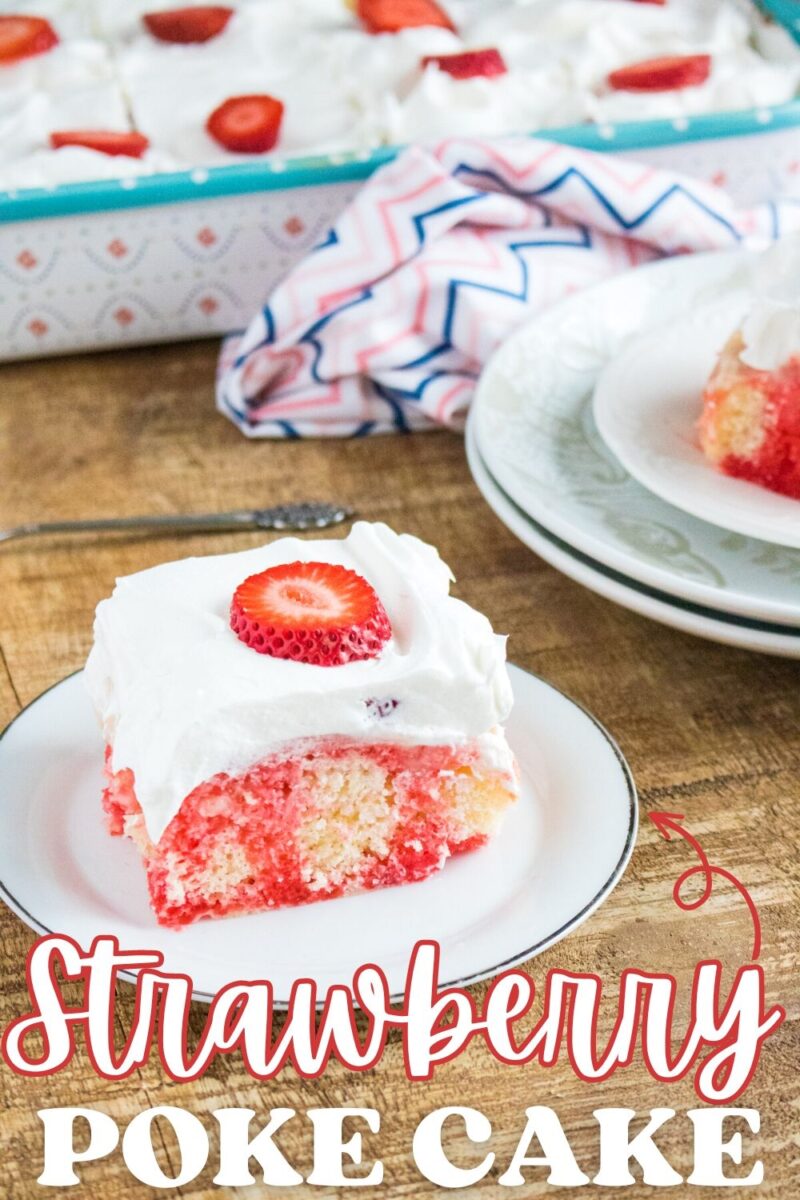 Perfect for spring, this Strawberry Poke Cake is always a hit! It's made with strawberry gelatin and whipped topping.