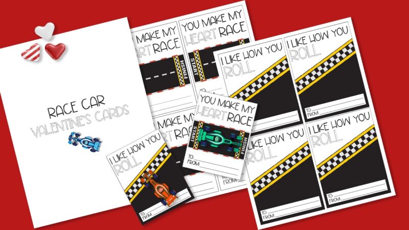 Printable Race Car Valentine Cards for kids 