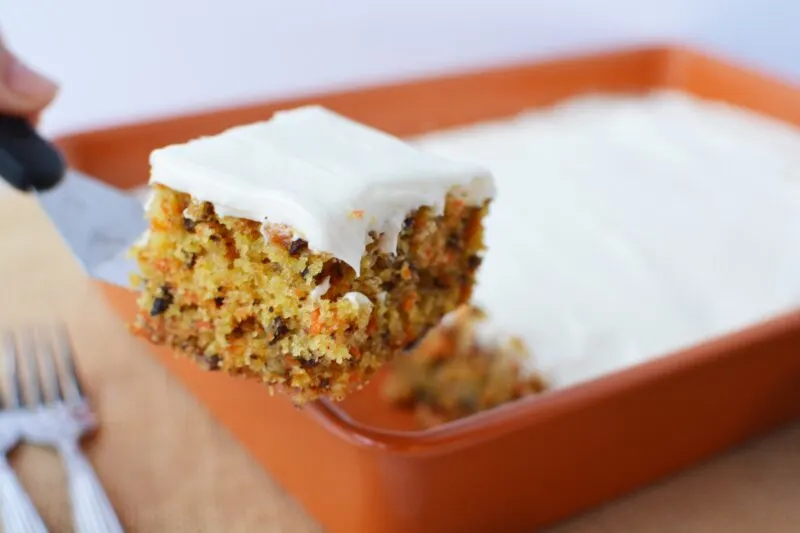 Carrot Cake slice coming out of pan