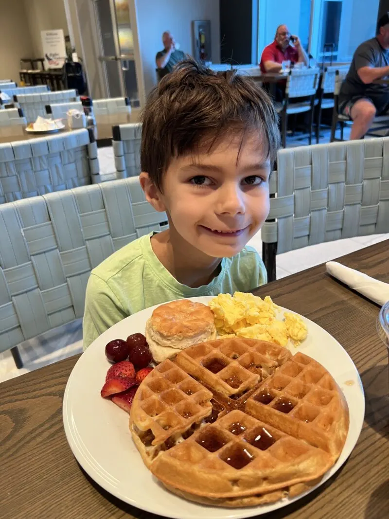 Breakfast includes waffles and pancakes