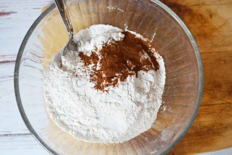 Dry cake ingredients in a small mixing bowl.