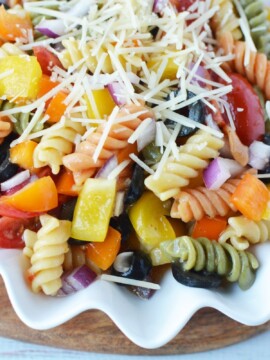 Funeral Pasta Salad Recipe with rotini, peppers, olives and Italian dressing.