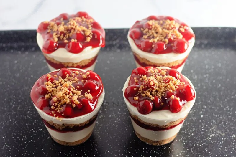 The topping of Mini Cherry Cheesecake Trifle dessert.