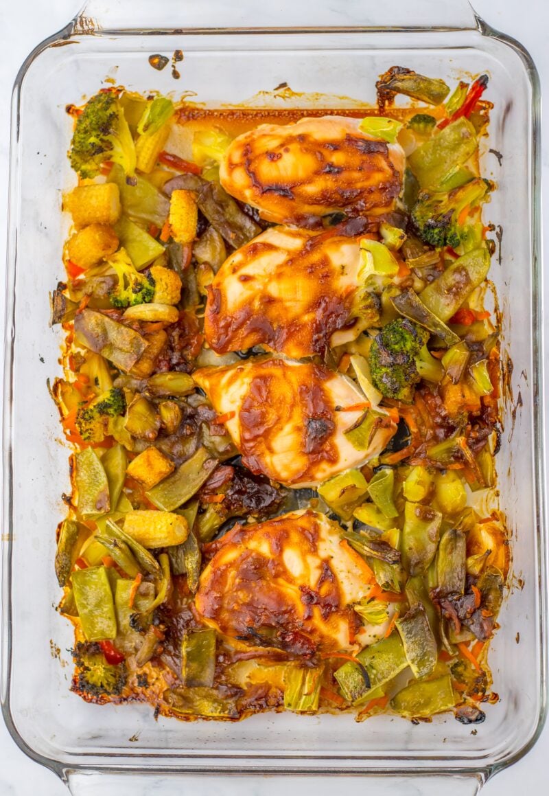 Cooked chicken breasts in teriyaki sauce