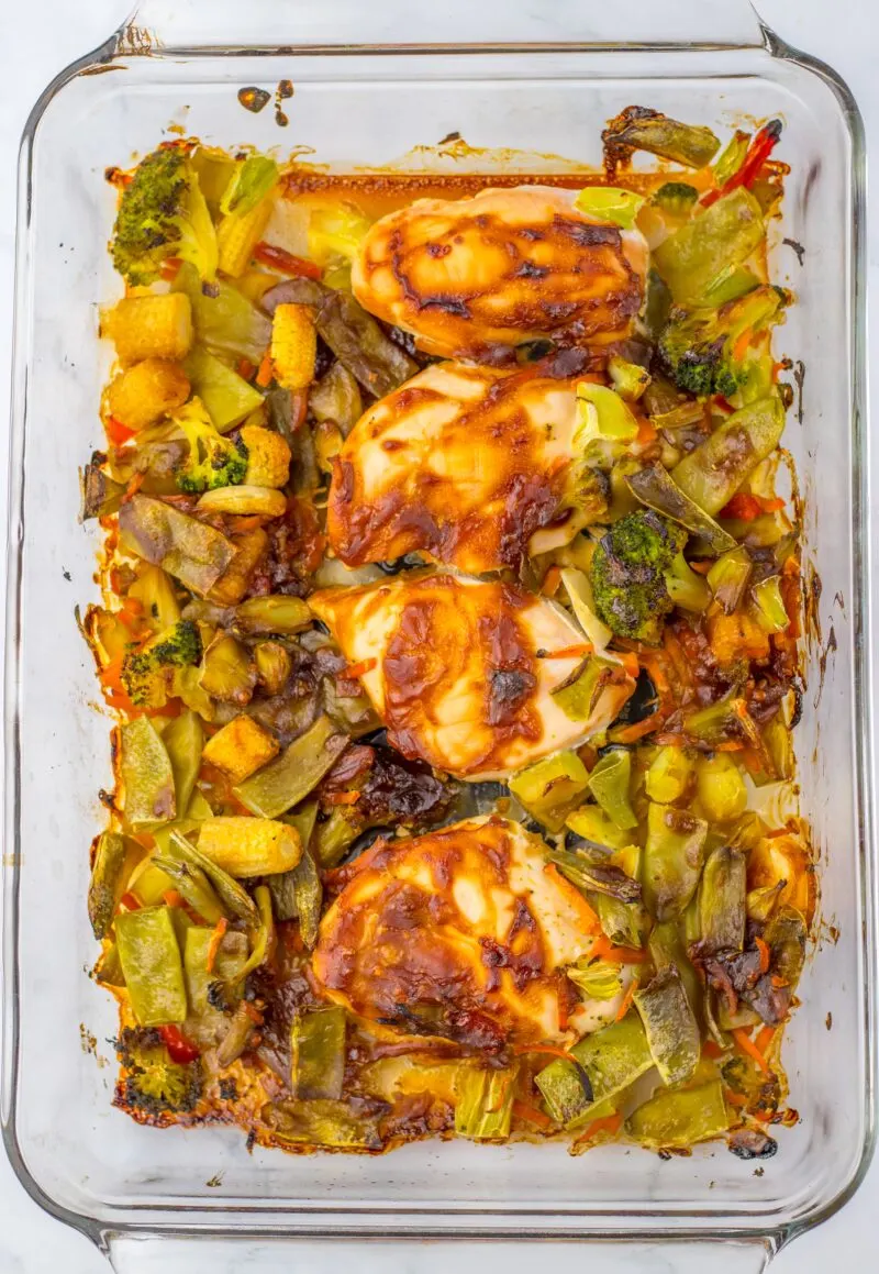 Cooked chicken breasts in teriyaki sauce