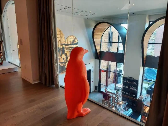 Plastic penguin overlooking bar