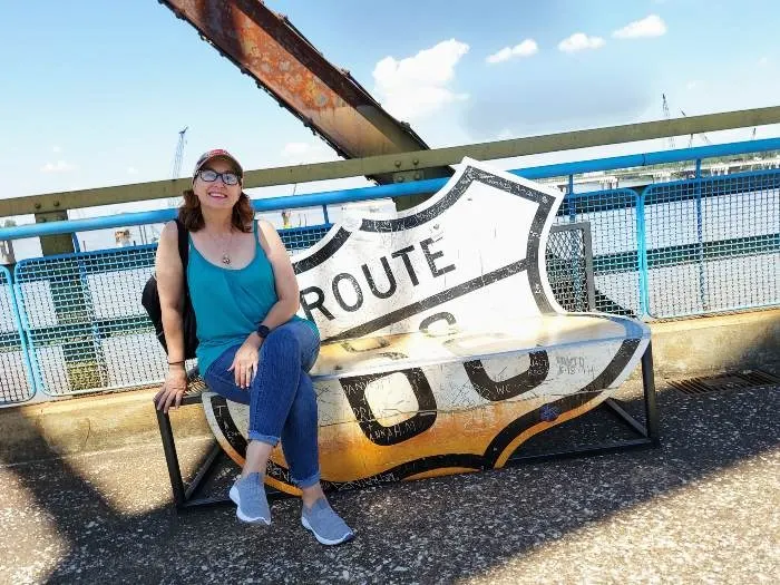 Sitting on a bench at Old Chain of Rocks Bridge 