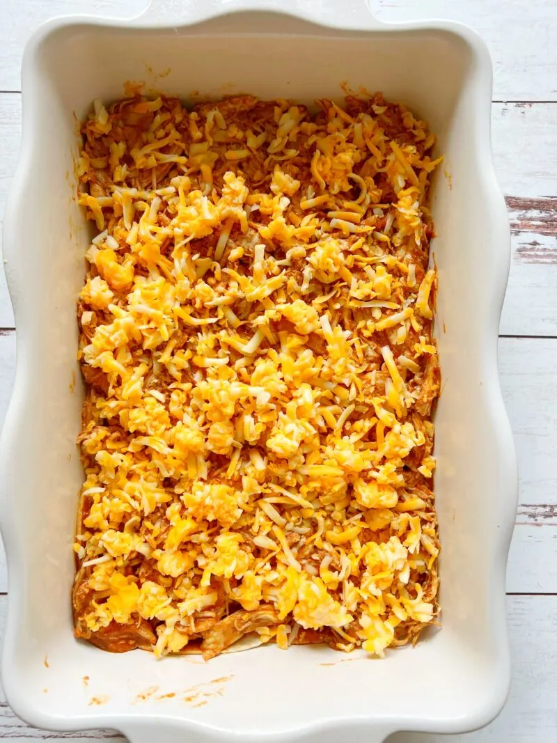 Layers of Mole Chicken Enchilada Casserole before baking.