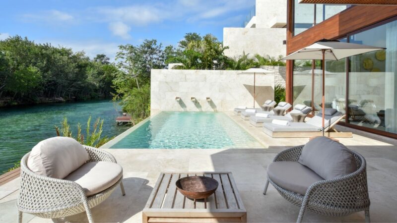 The Rosewood Mayakoba offers lagoon views.