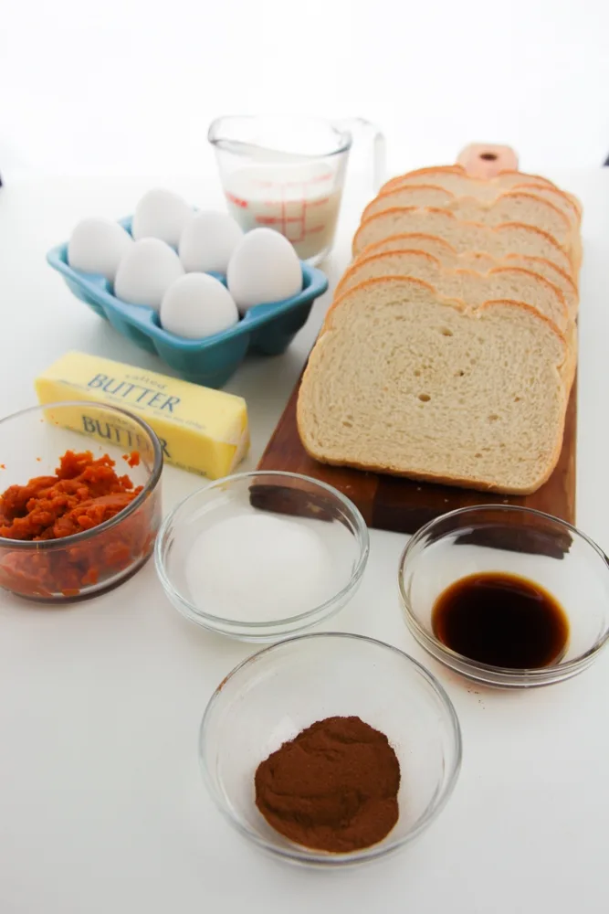 Pumpkin French Toast Ingredients: egg, butter, spices, bread, pumpkin, vanilla, egg and milk