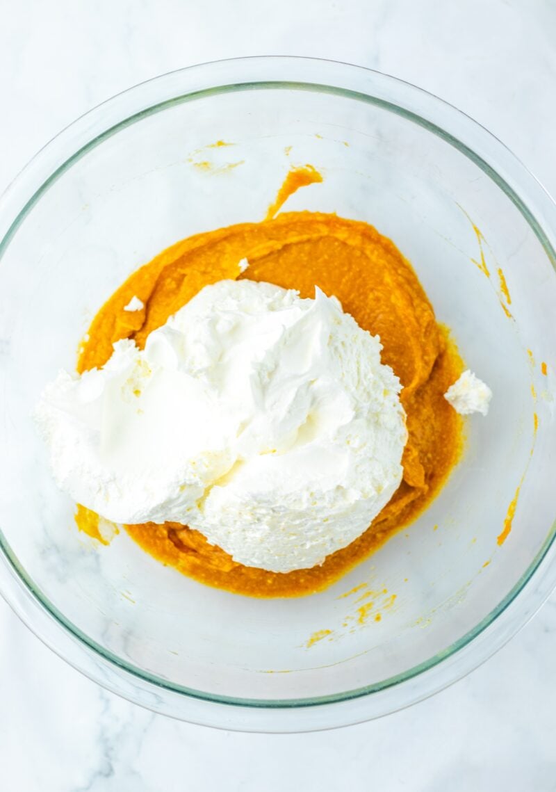 Folding in the Cool Whip and the pumpkin puree.