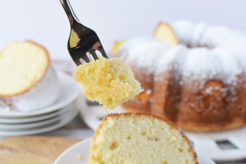 Bite of Sour Cream Cake on a fork