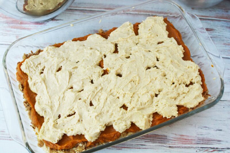 Top with remaining batter over the pumpkin mixture.