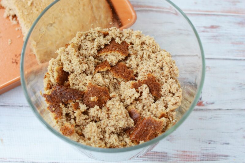 Crumbling the cake into small pieces