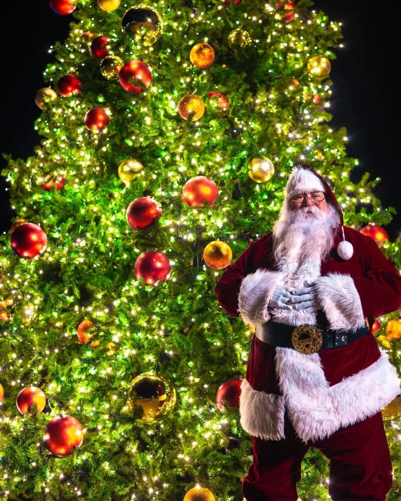 Santa stands in front of the Christmas tree in Edgefield South Carolina.