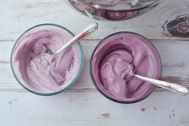 Making the different shades of Blueberry frosting