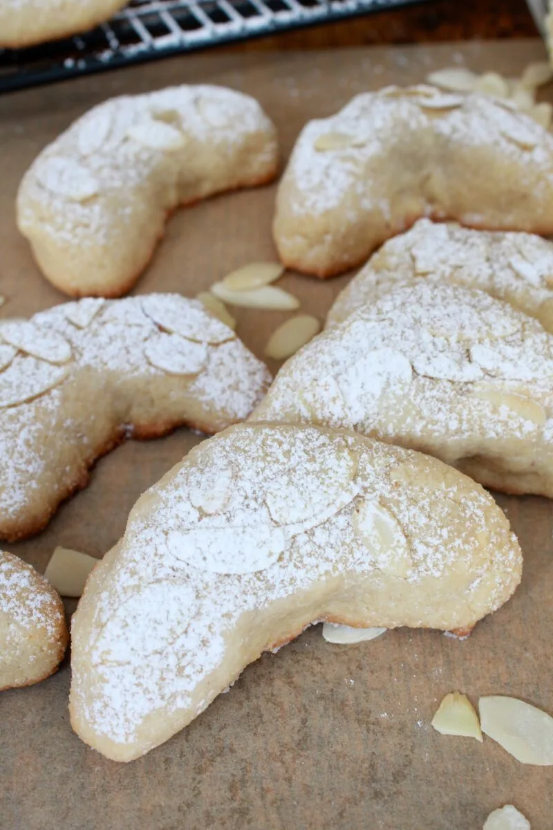 Almond Crescent Cookies on a tray after baking
