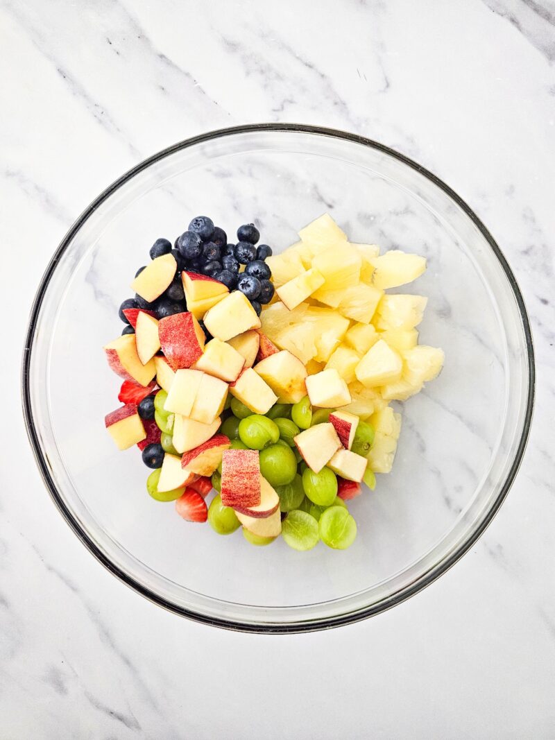 Every fruit together in a glass bowl