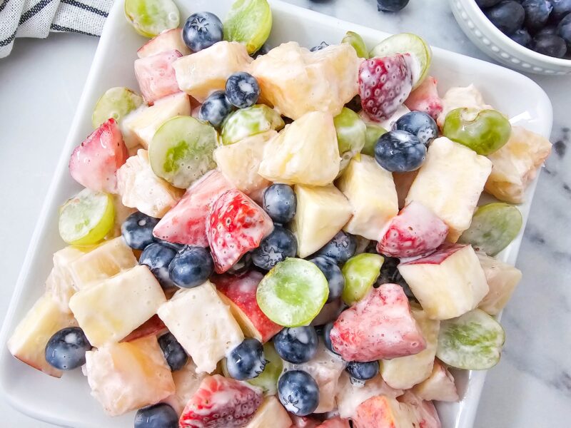 Creamy Fruit Salad on a White Plate